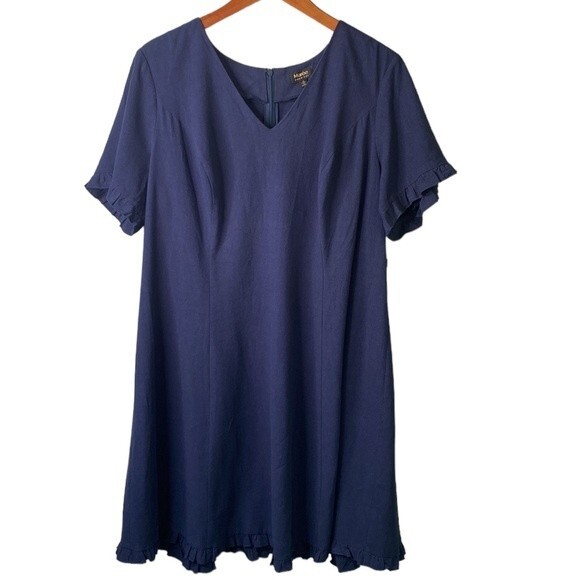 Marée Pour Tio V-Neck Ruffle Trim Short Sleeve Knee Length Dress Viscose Linen - Picture 6 of 15